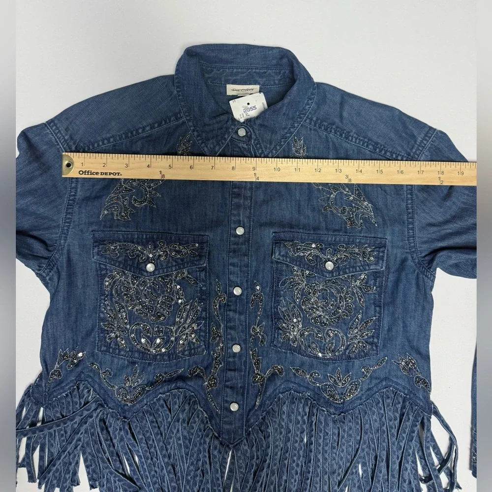 NWT Pilcro Denim Silver embellished Collar Button Down fringe bottom Shirt XXS - Picture 11 of 16